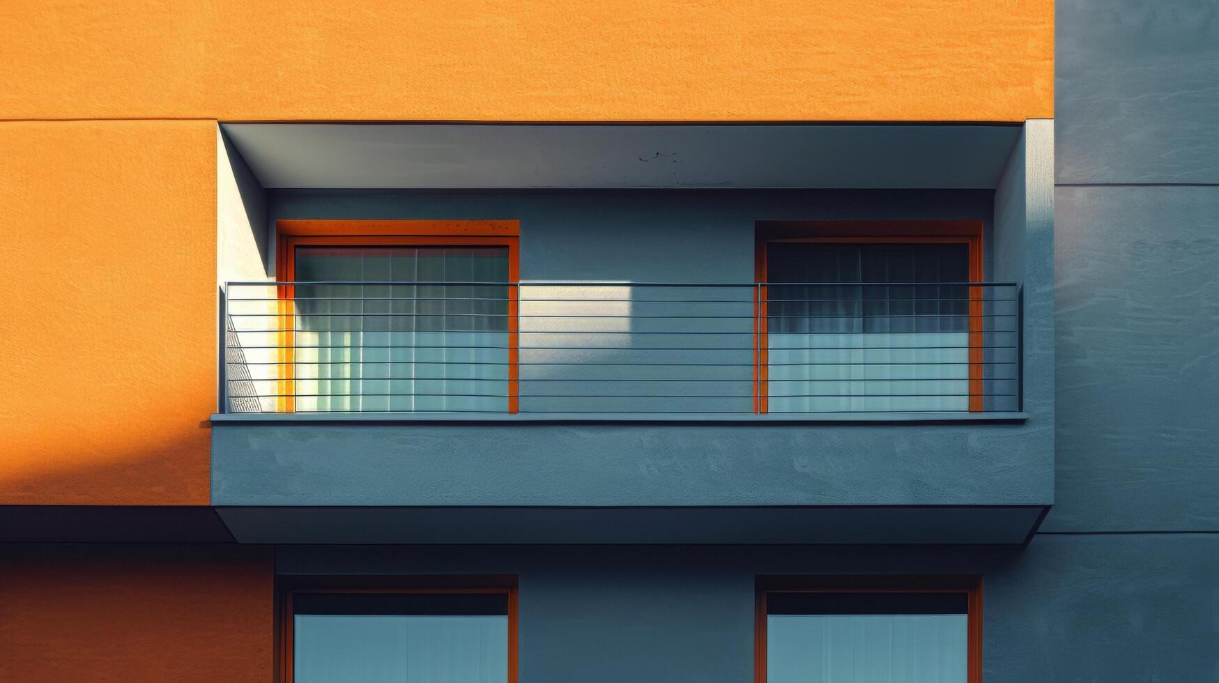 ai généré blanc bâtiment avec Orange et bleu les fenêtres photo