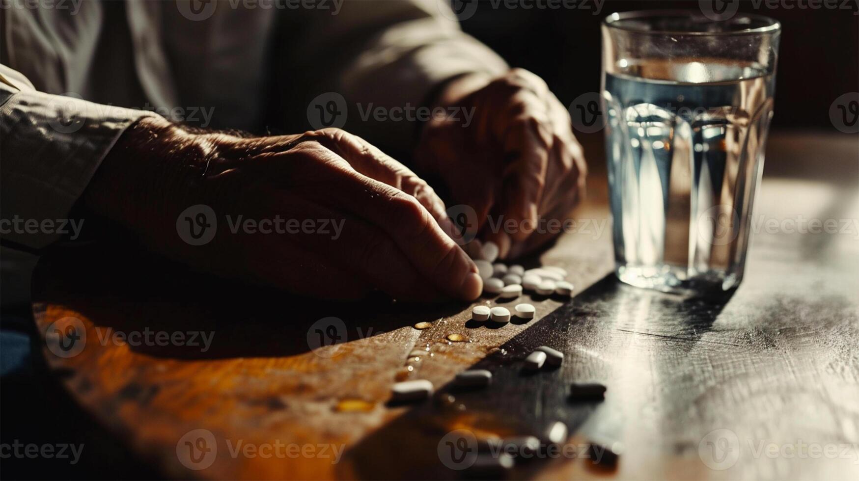 ai généré un personnes âgées personne mains avec pilules et une verre de l'eau sur une en bois tableau, convoyer une sens de santé se soucier. copie espace. photo