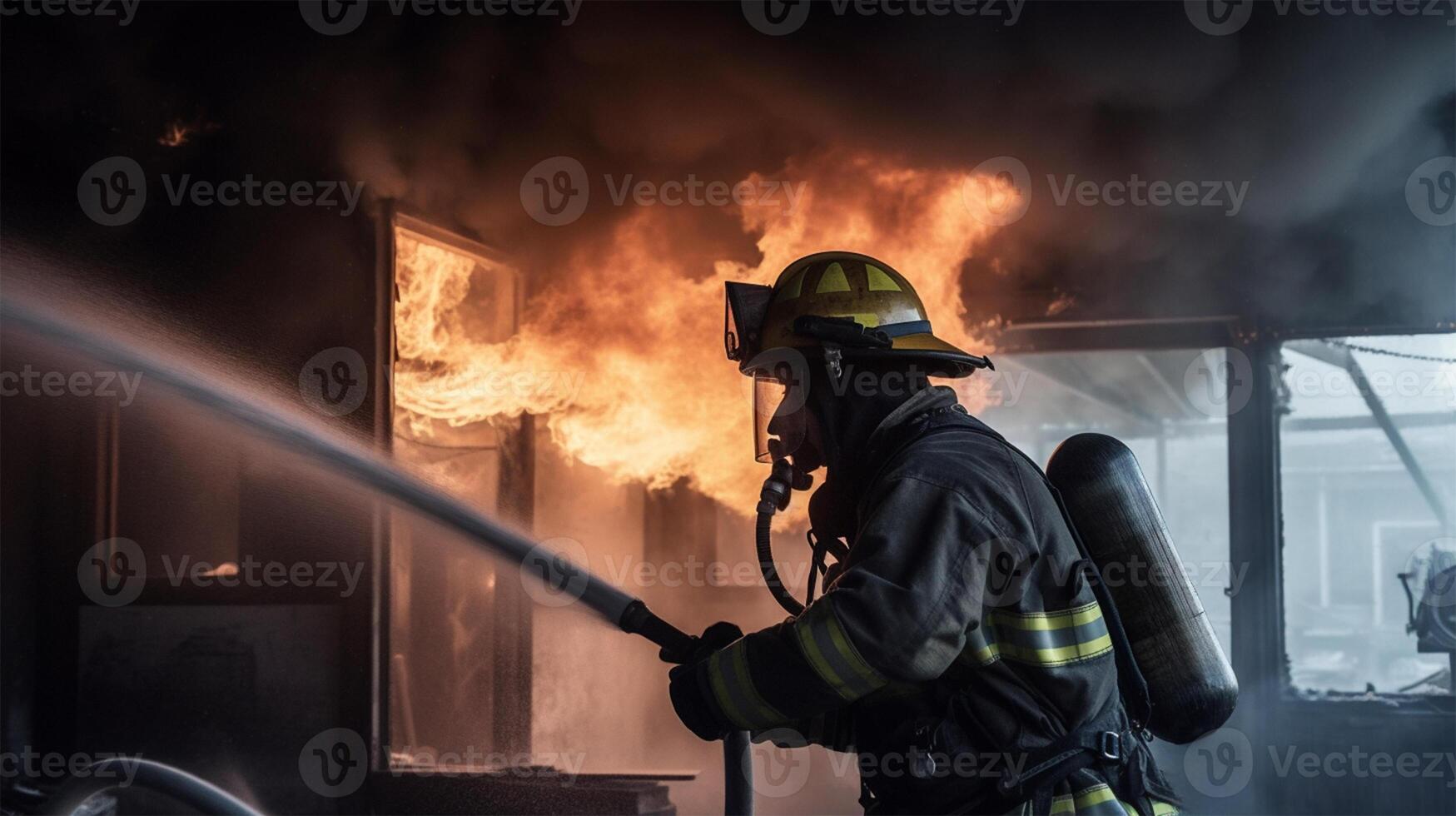 ai généré une sapeur pompier bravement combattre intense flammes, une dynamique et puissant image de héroïsme et devoir. photo