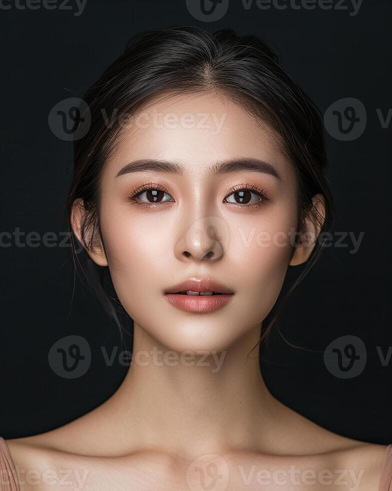 ai généré photo de un asiatique femelle modèle sur foncé Contexte