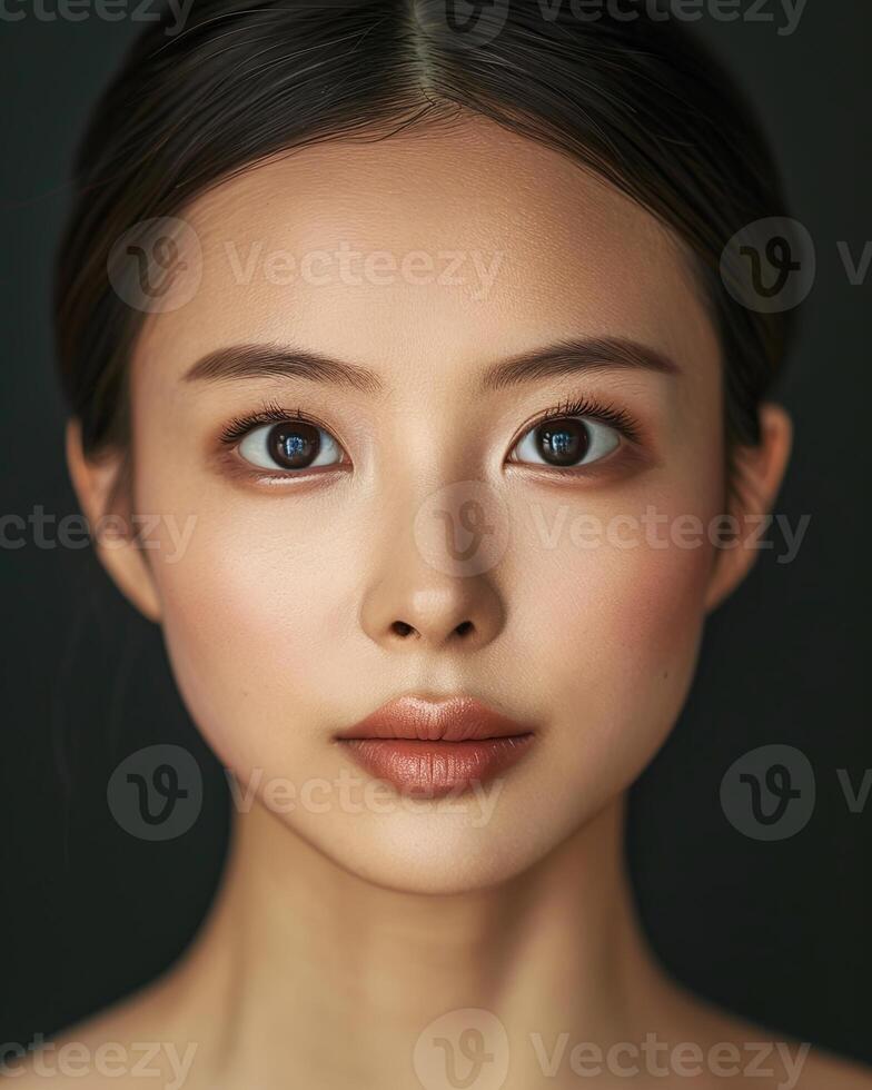 ai généré photo de un asiatique femelle modèle sur foncé Contexte