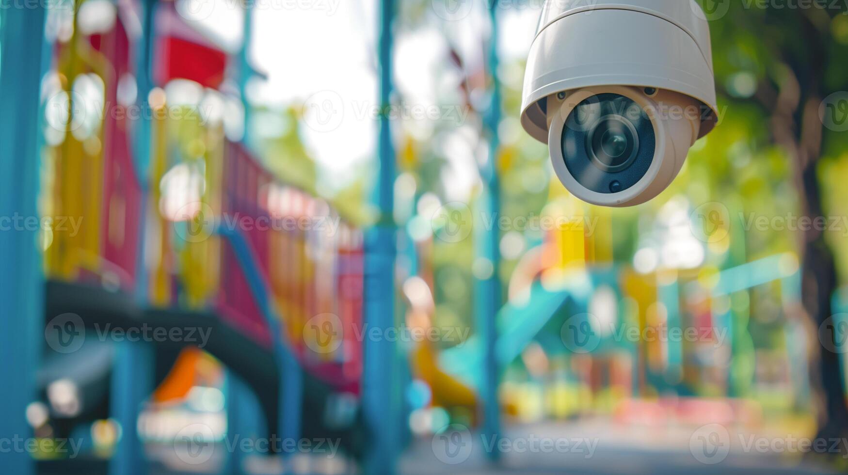 ai généré vidéosurveillance fermé circuit caméra, la télé surveillance à Jardin d'enfants école terrain de jeux Extérieur pour enfant enfants, Sécurité système concept. photo