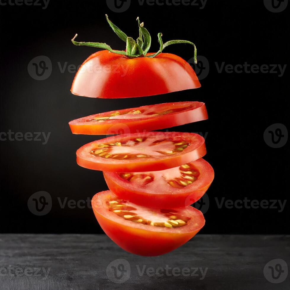 ai généré tomate tranches chute dans le air sur une noir Contexte photo