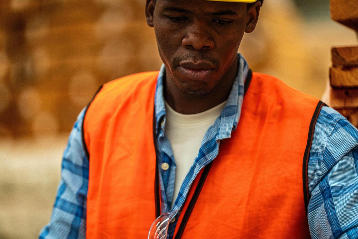 africain ouvrier Charpentier portant sécurité uniforme et difficile chapeau travail et vérification le qualité de en bois des produits à atelier fabrication. homme et femme ouvriers bois dans foncé entrepôt industrie. photo