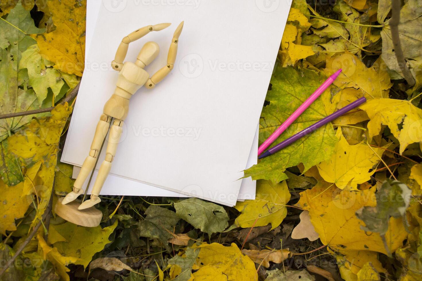 blanc papier avec crayon et mannequin pour dessin sur le l'automne feuilles. Contexte avec copie espace. photo