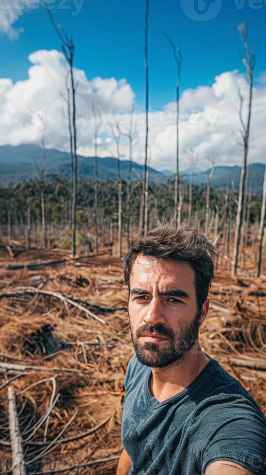 ai généré perte de habitat, une selfie avec une déboisé paysage dans le arrière-plan, soulignant le impact de la déforestation sur faune et habitat perte, génératif ai photo