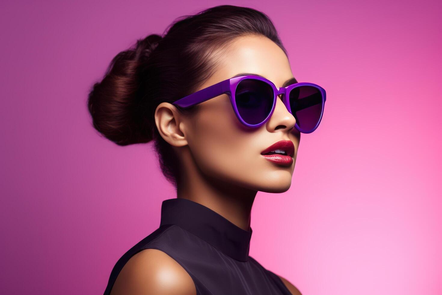 ai généré femme dans des lunettes de soleil contre violet Contexte photo