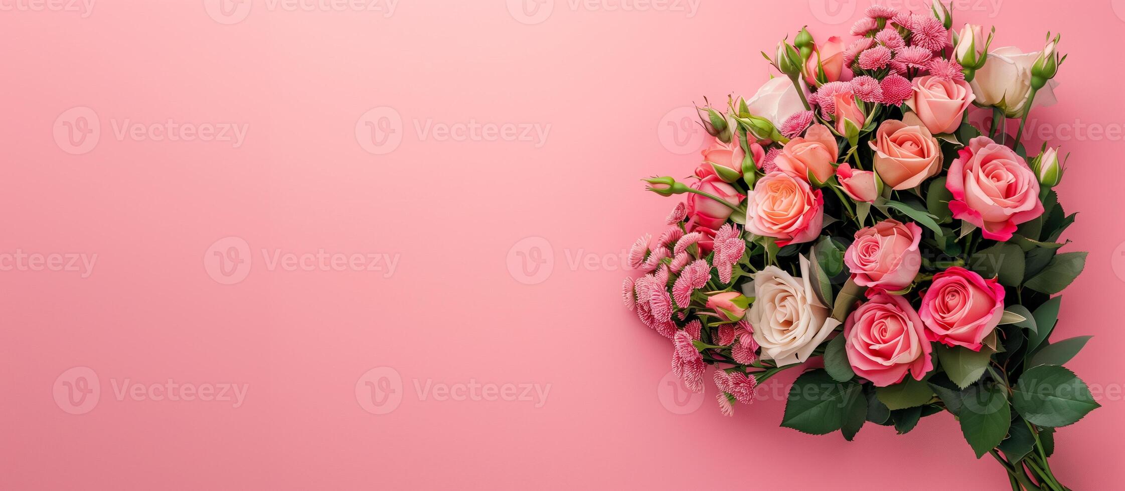 ai généré une bouquet de Rose fleurs mis à côté de une rose arrière-plan, copie espace photo