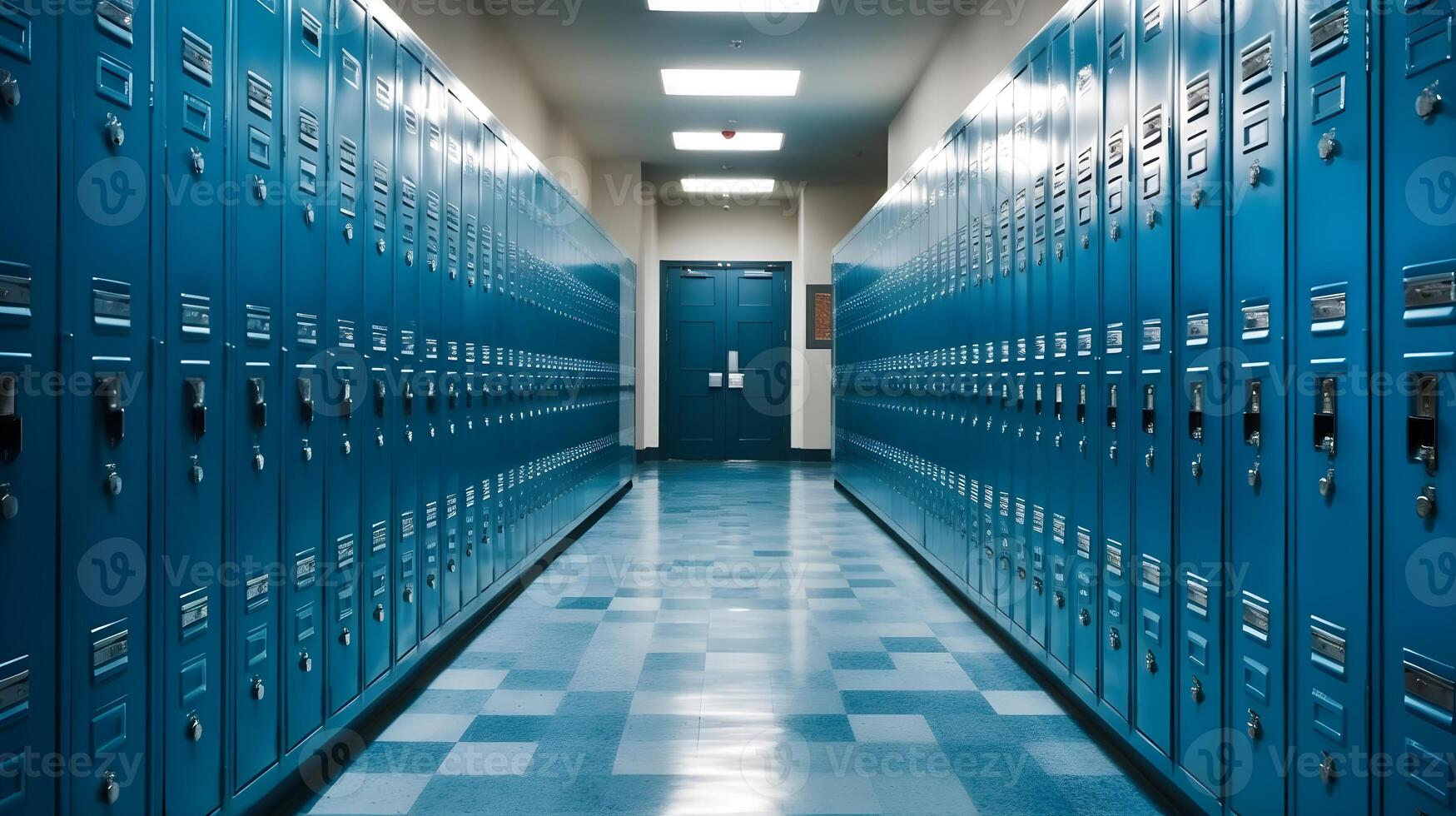 ai généré une longue couloir avec bleu Casiers dans une école photo