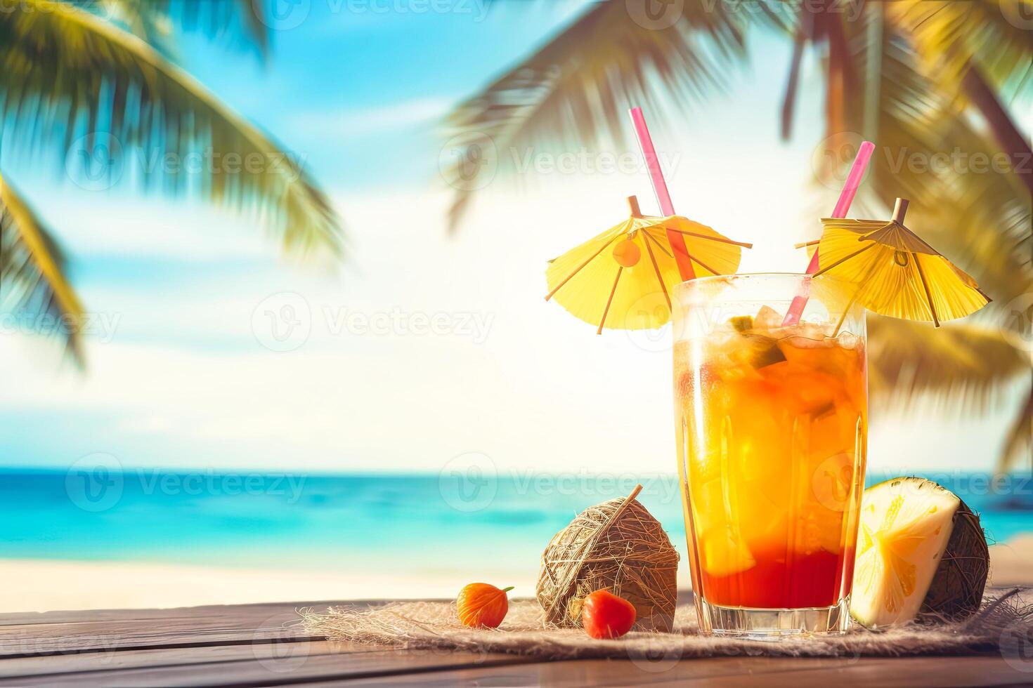 ai généré deux des lunettes de les boissons sur table avec plage Contexte photo