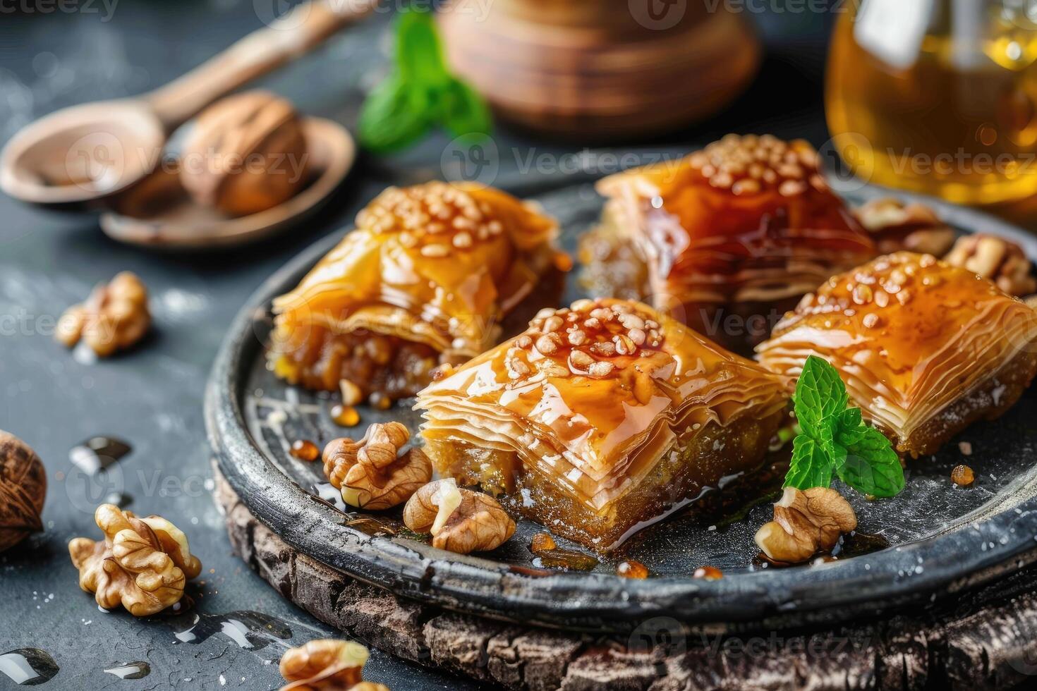 ai généré traditionnel arabe dessert Baklava avec mon chéri et noix. photo