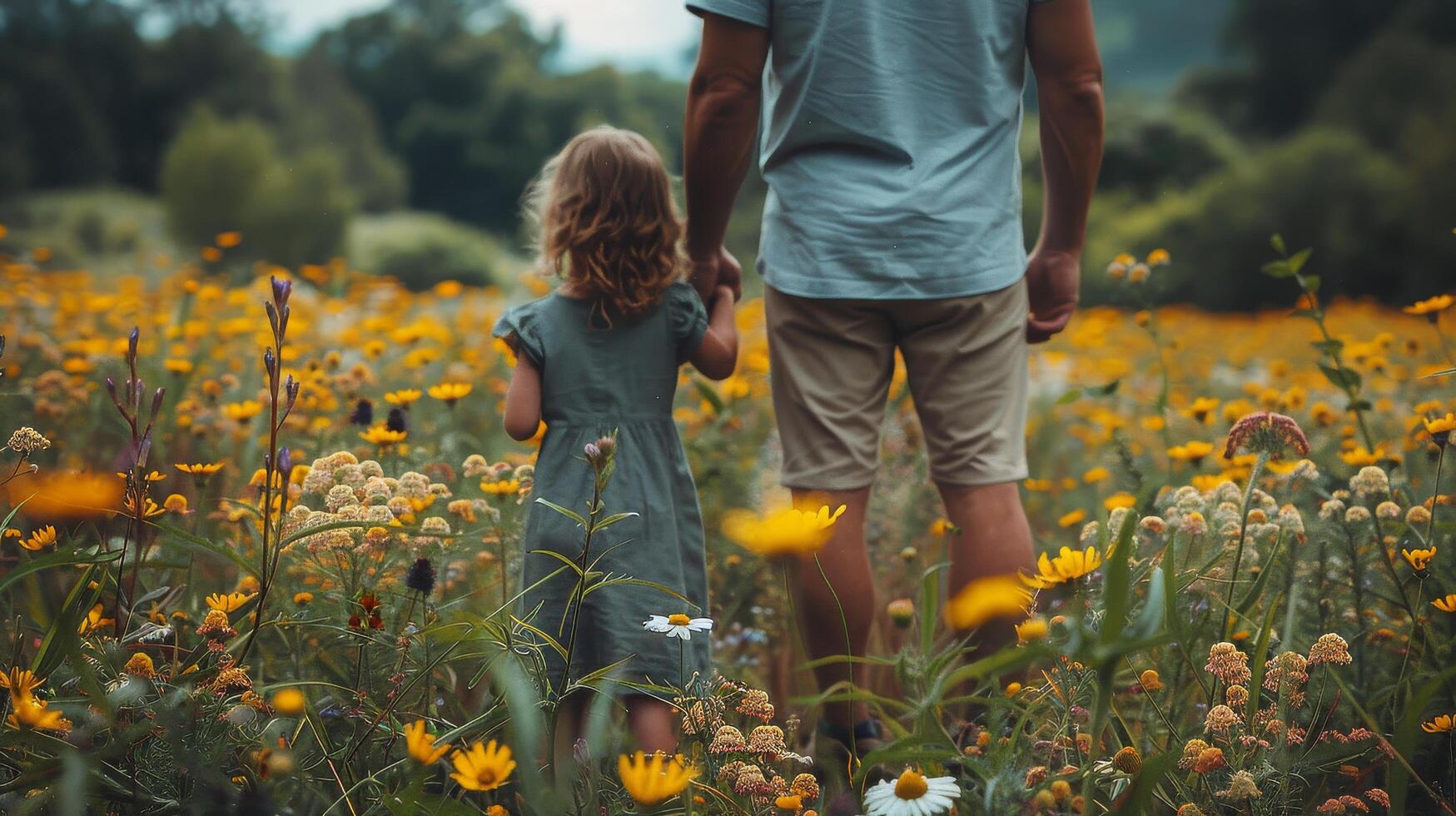 ai généré homme et peu fille en marchant par champ de fleurs photo