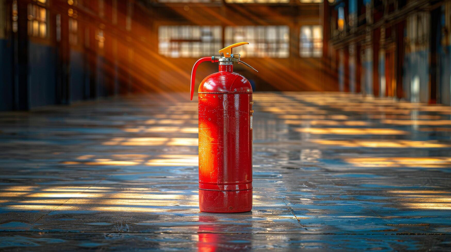 ai généré rouge Feu extincteur sur humide sol photo