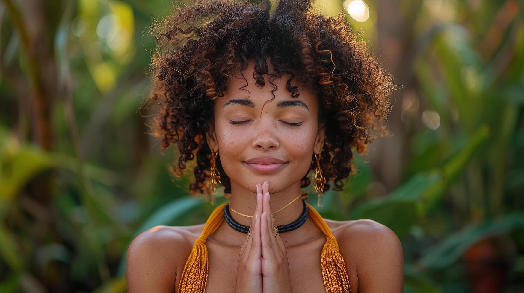 ai généré femme avec taches de rousseur cheveux et yeux fermé prier photo