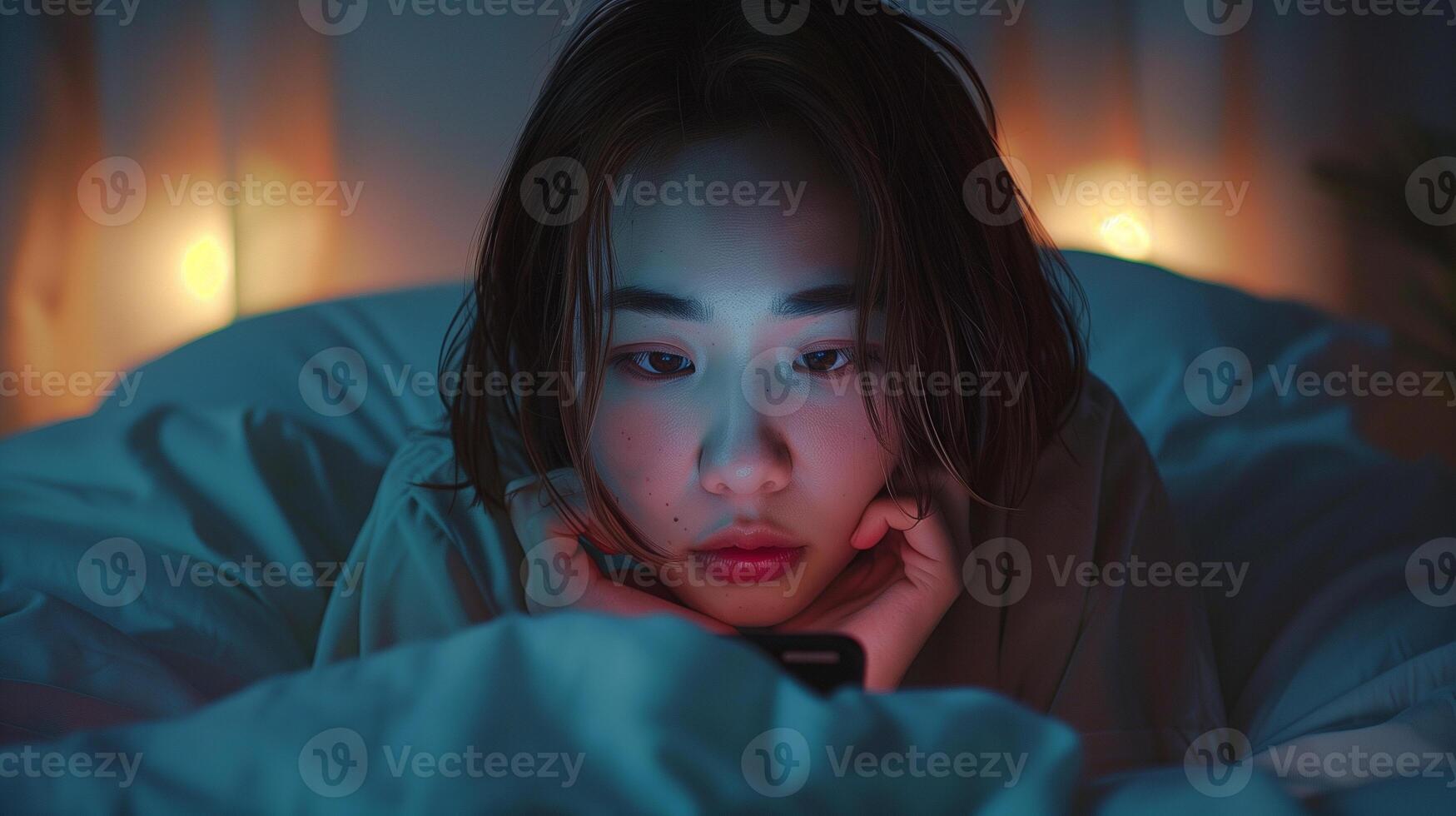 ai généré une femme pose dans lit avec sa téléphone photo