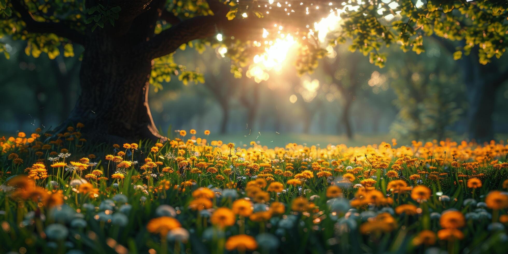 ai généré champ de Jaune pissenlits avec Soleil Contexte photo