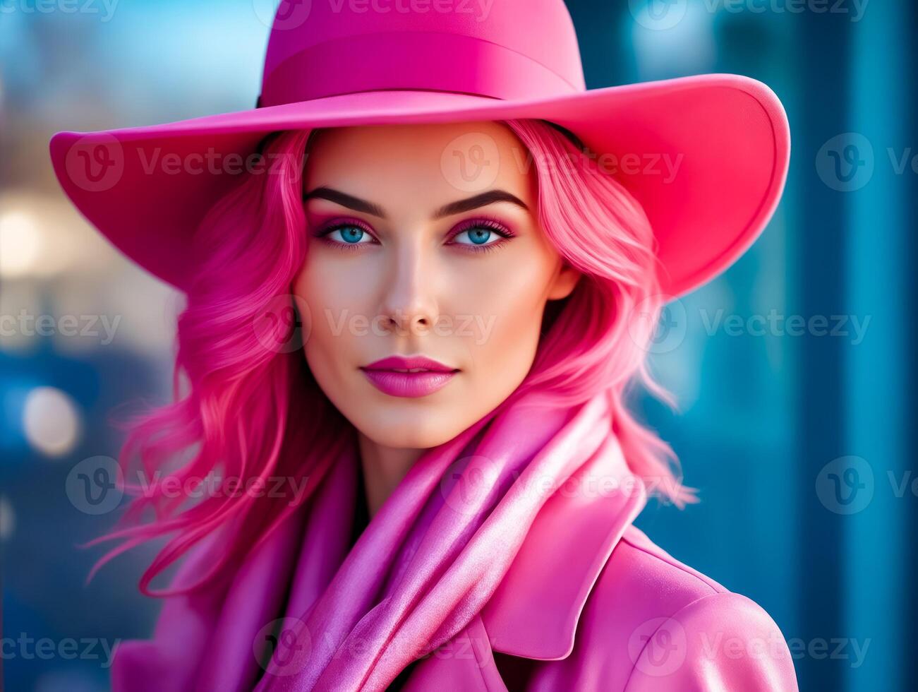 ai généré une femme avec rose cheveux et une rose chapeau pose pour une photo