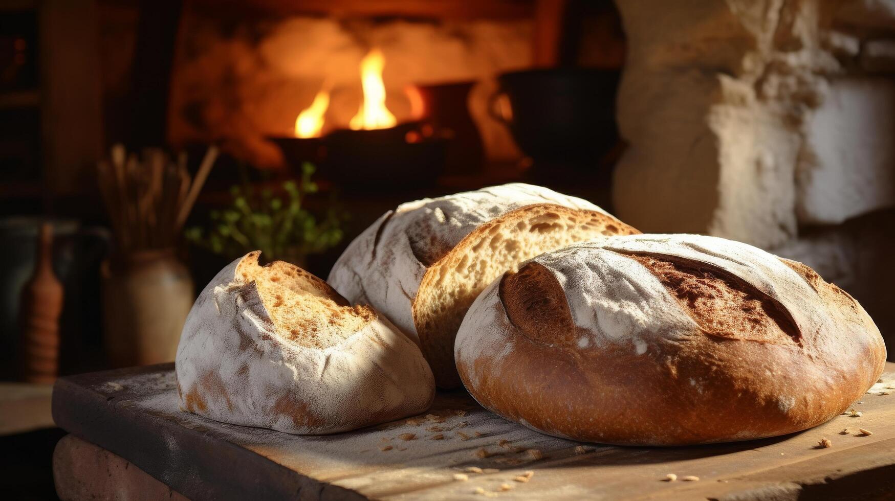 ai généré rustique cuisine scène avec fraîchement cuit pain photo