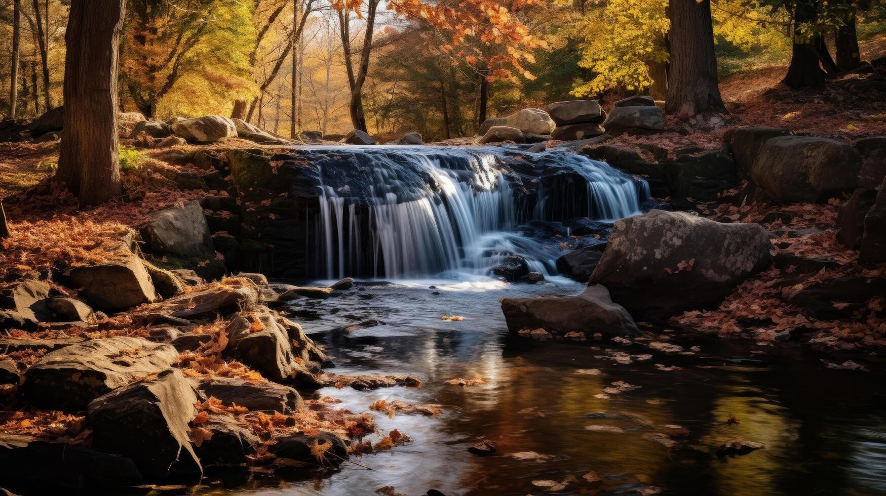 ai généré vibrant tomber feuillage et tranquille cascade dans la nature photo