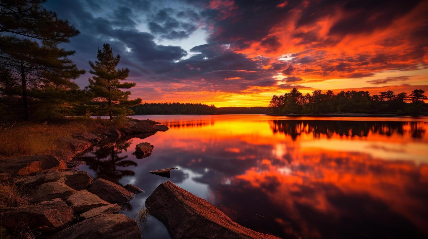 ai généré vibrant le coucher du soleil et spectaculaire Lac paysage dans la nature photo