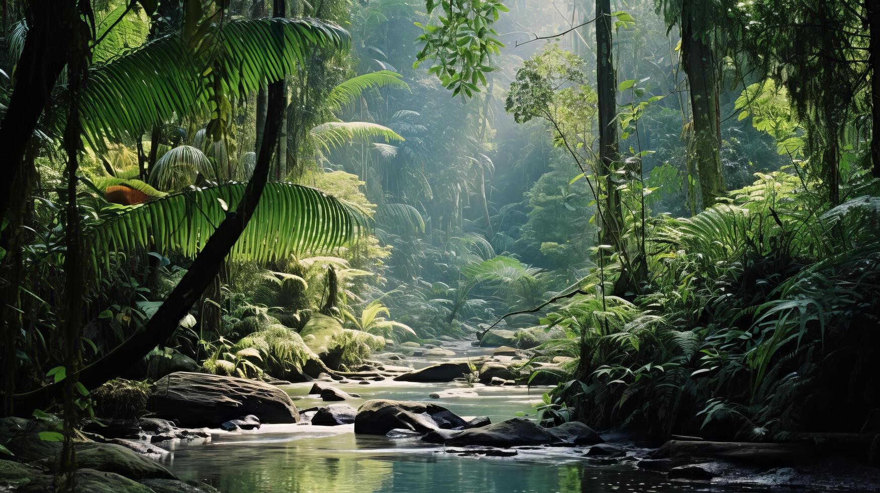 ai généré une luxuriant vert forêt tropicale avec une variété de flore et une clair ciel photo