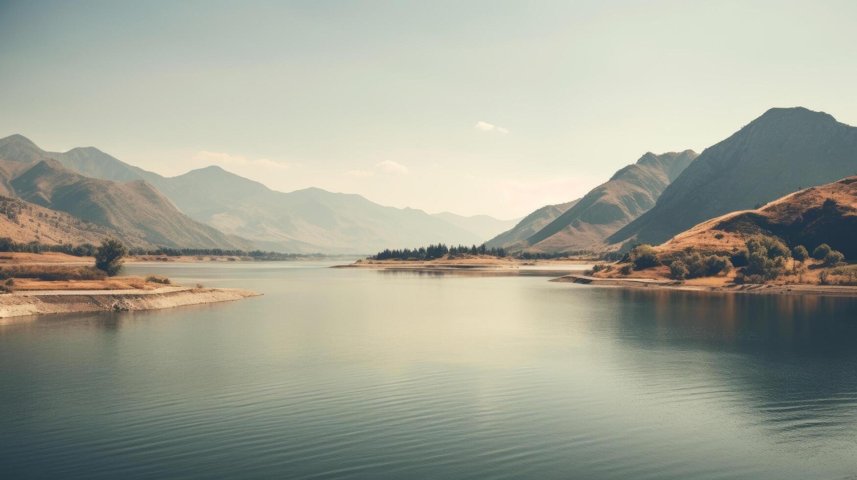 ai généré nostalgique Lac et Montagne paysage dans Naturel lumière photo