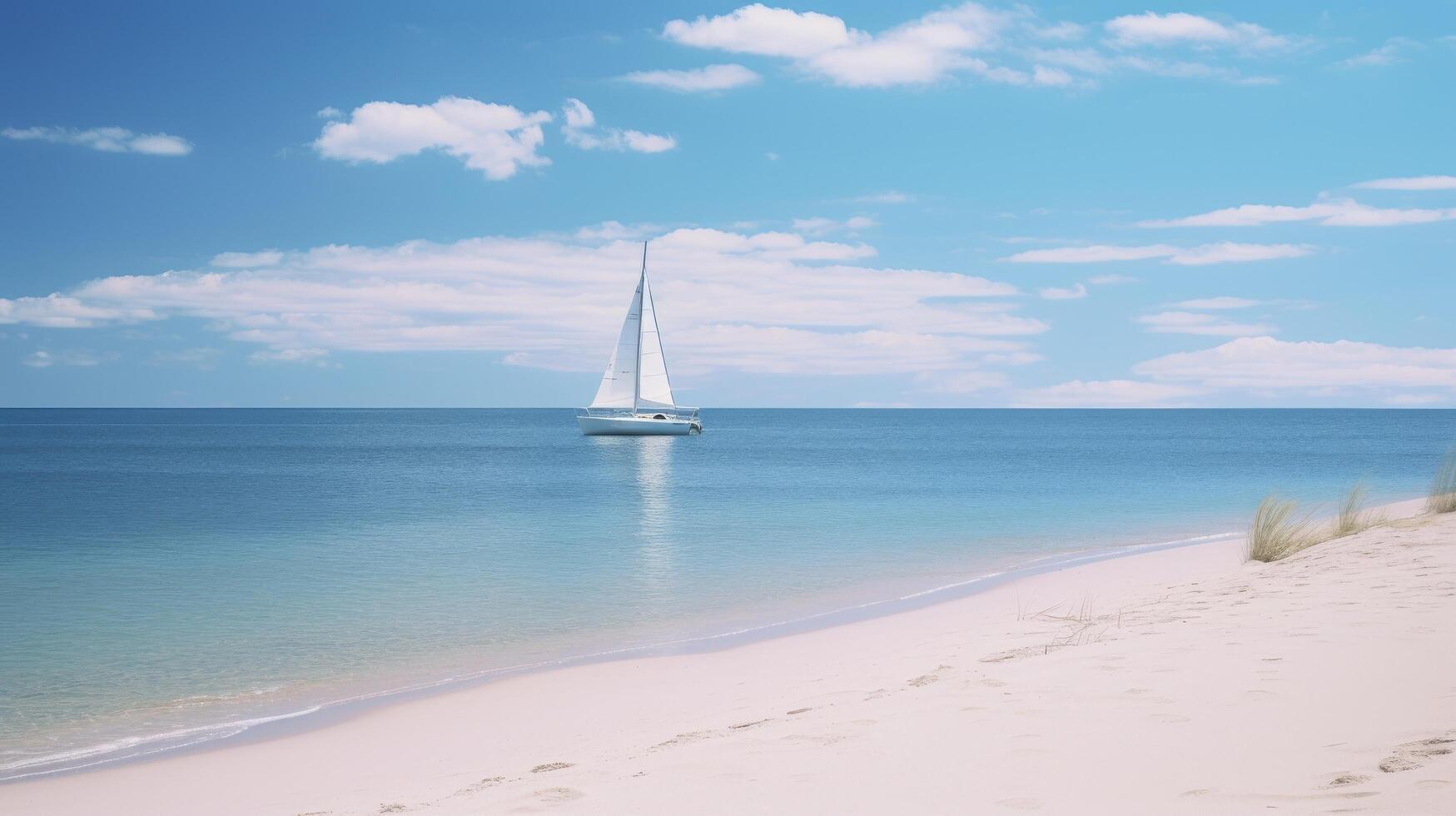 ai généré sablonneux plage avec parfait des eaux et seul voilier photo