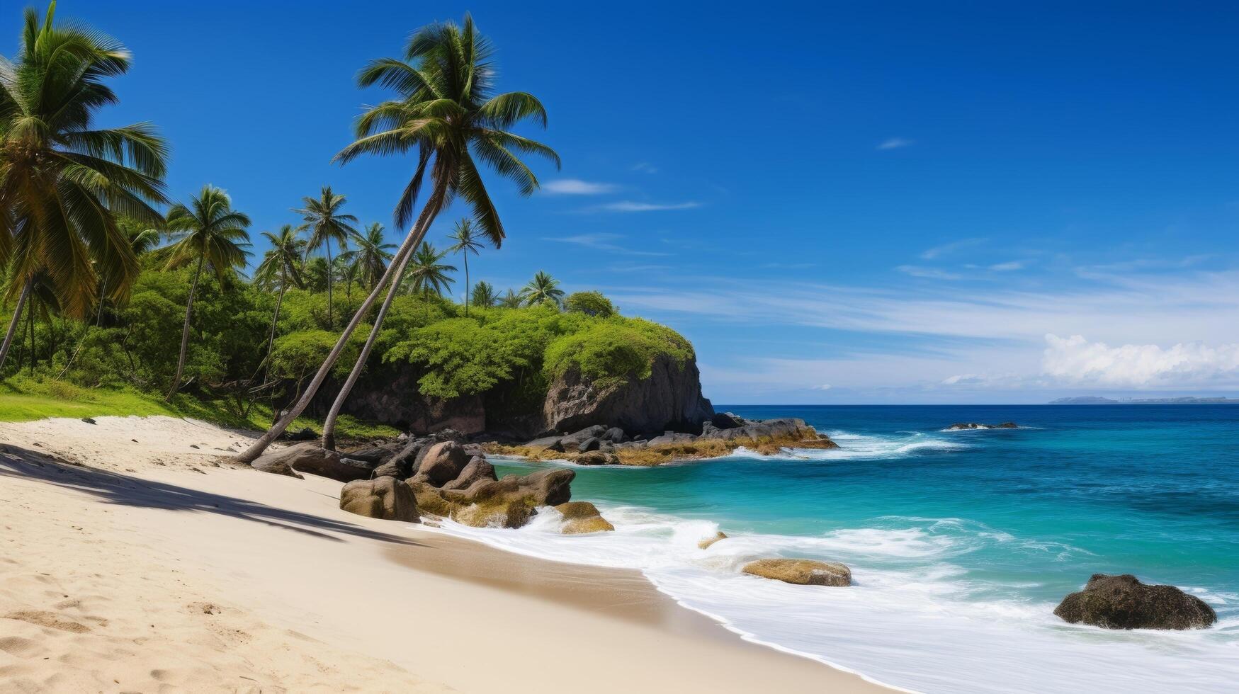 ai généré tropical plage avec paume des arbres et parfait littoral dans scénique vue photo