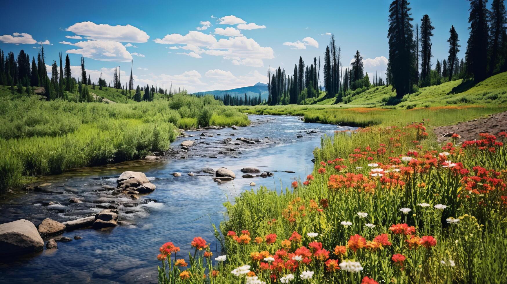 ai généré une scénique vue de une rivière et coloré fleurs photo