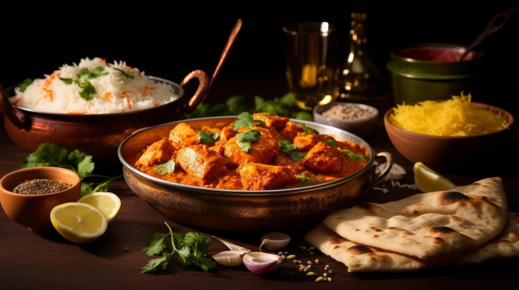 ai généré une encore la vie avec beurre poulet, Naan, et biryani comme une Nord Indien dîner photo