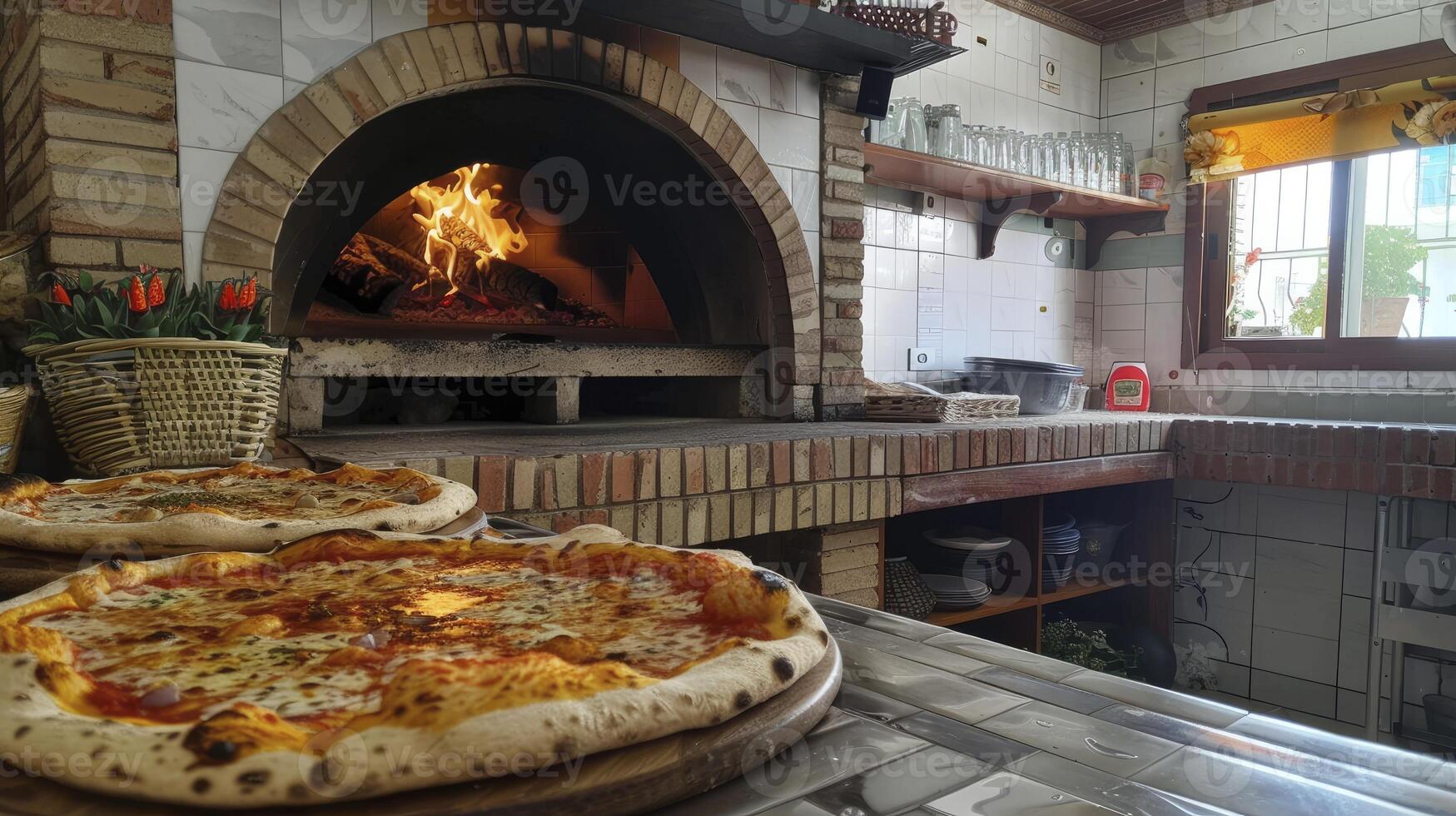 ai généré au feu de bois four, où Pizza cuit au four à la perfection. photo