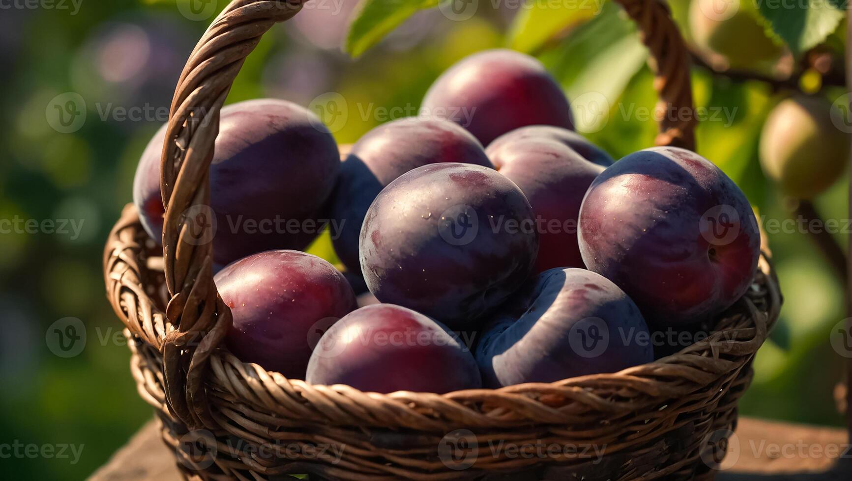 ai généré mûr prune dans une panier contre le Contexte de le jardin la nature photo