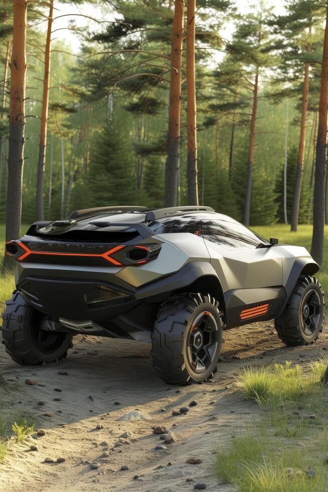 ai généré prochaine génération aventure, une futuriste hors route électrique voiture, redéfinir exploration avec en pointe La technologie et respectueux de la nature innovation. photo