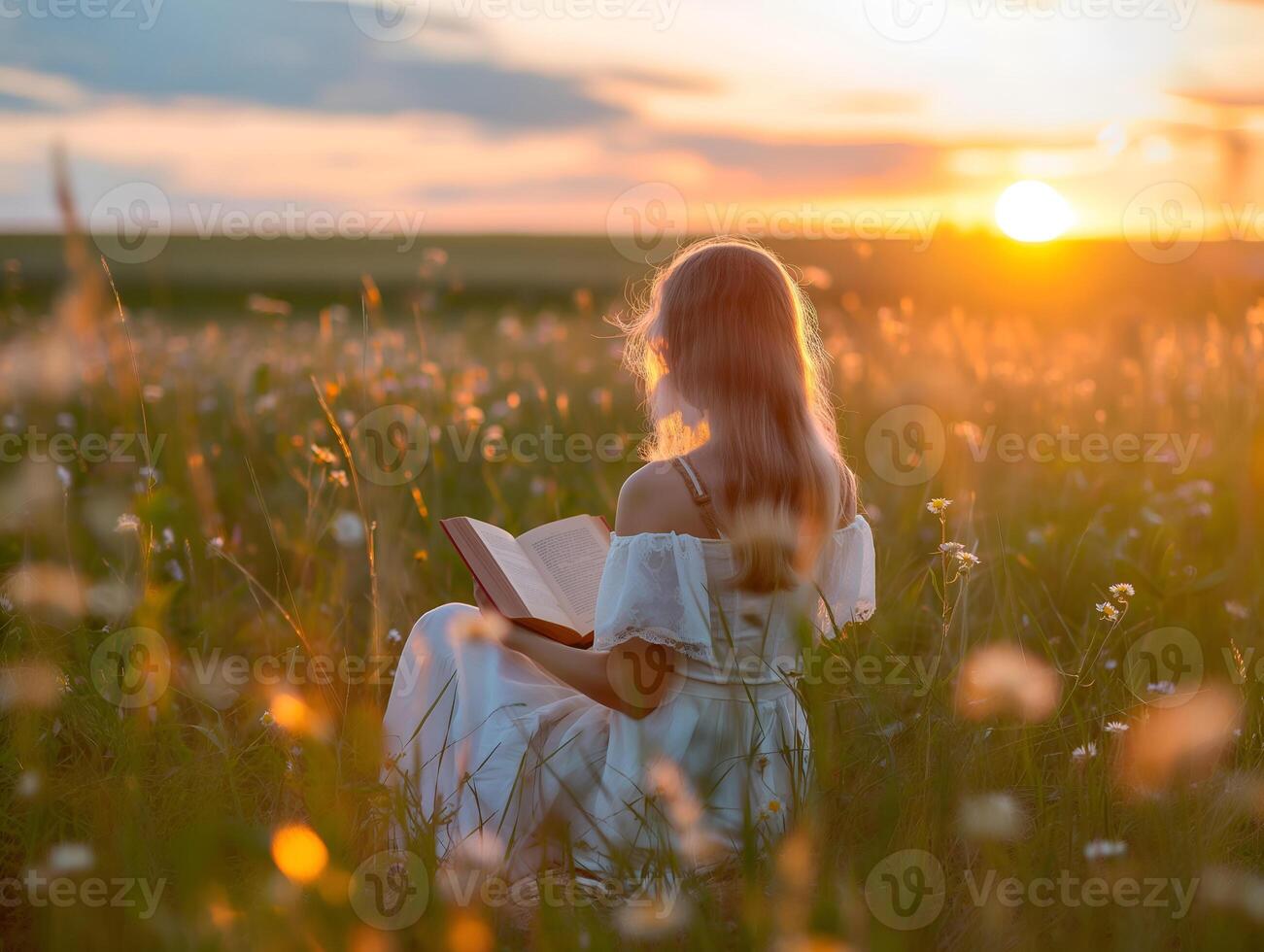 ai généré magnifique caucasien fille en train de lire une livre dans le prairie. photo