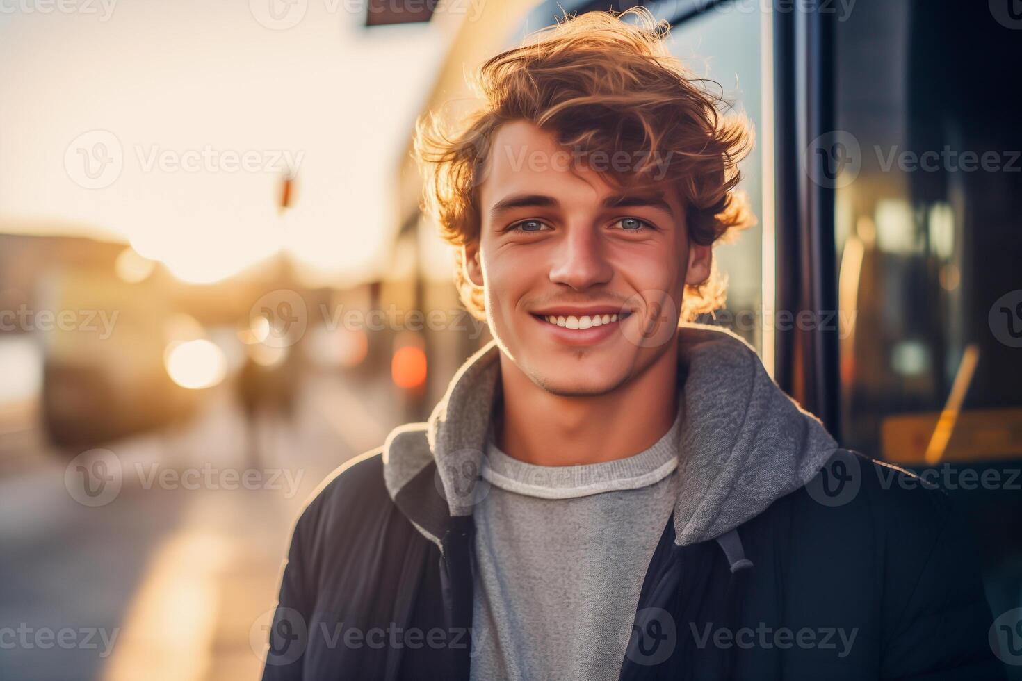 ai généré souriant Université étudiant dans de face de une autobus photo