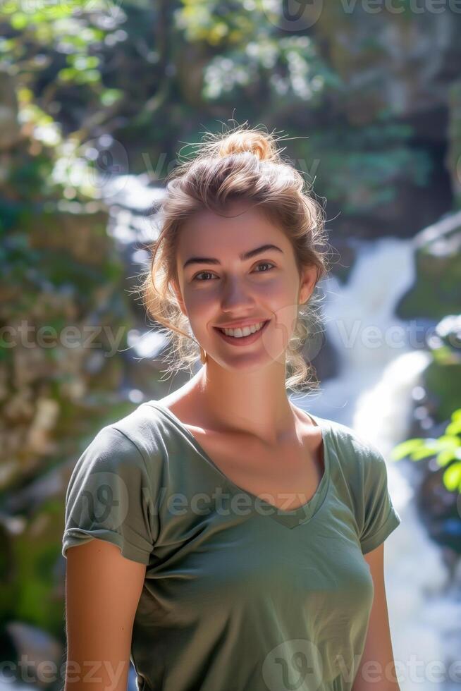 ai généré portrait de Jeune femme dans de face de le cascade. content voyageur femme souriant à le caméra. photo