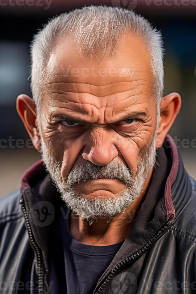 ai généré milieu vieilli en colère homme sur le rue, fermer photo