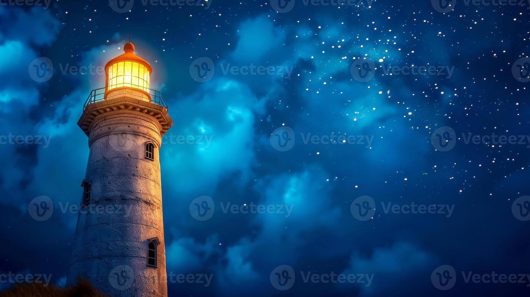 ai généré étoilé nuit illuminé par phare faisceau photo