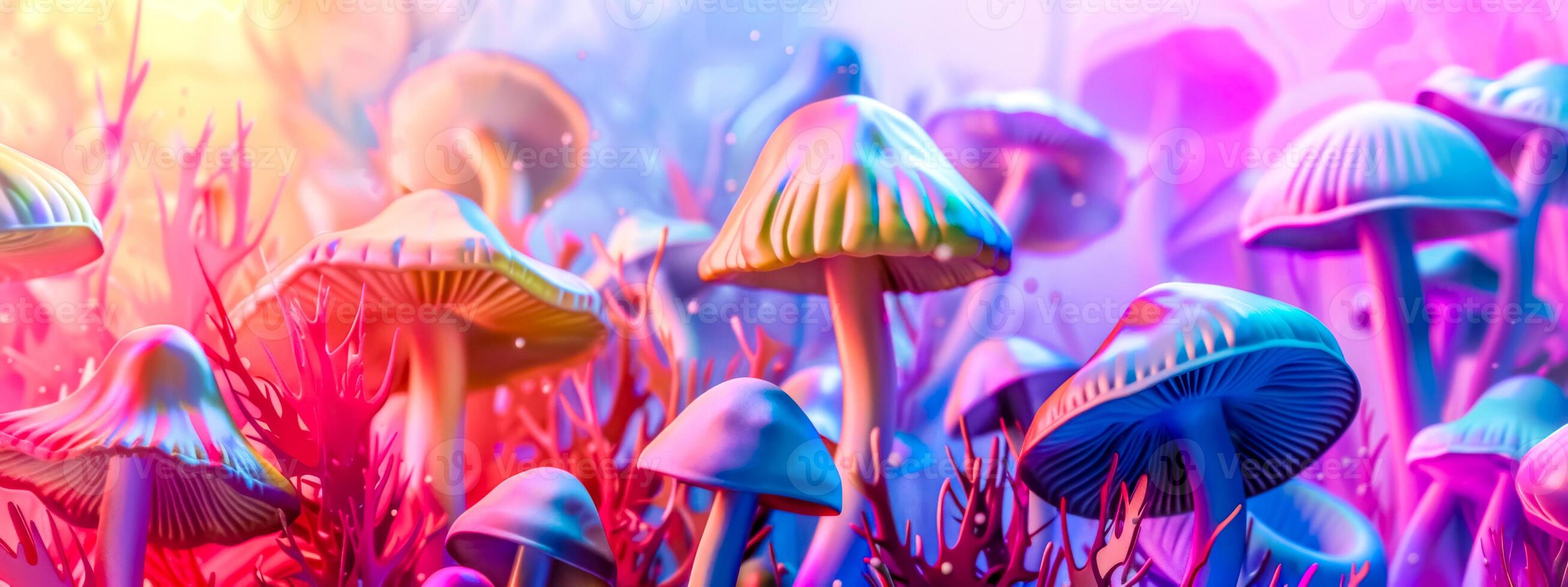 ai généré enchanté forêt champignons. vibrant champignon pays des merveilles photo