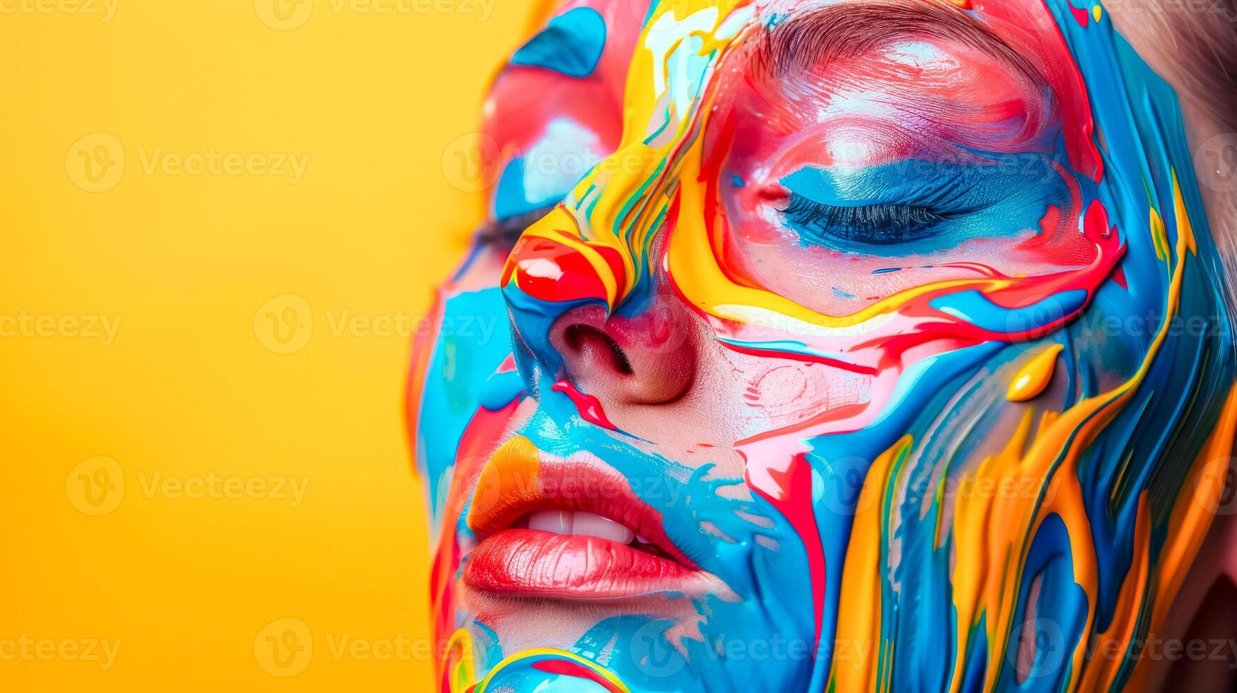 ai généré coloré peindre tourbillonne sur femme visage photo