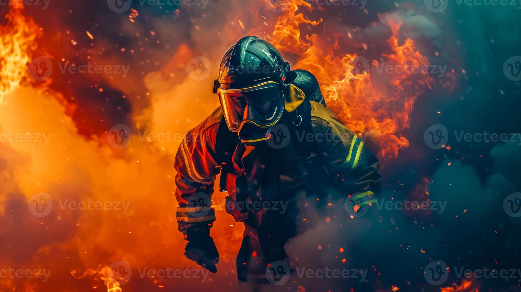 ai généré courageux sapeur pompier dans action au milieu de intense flammes photo