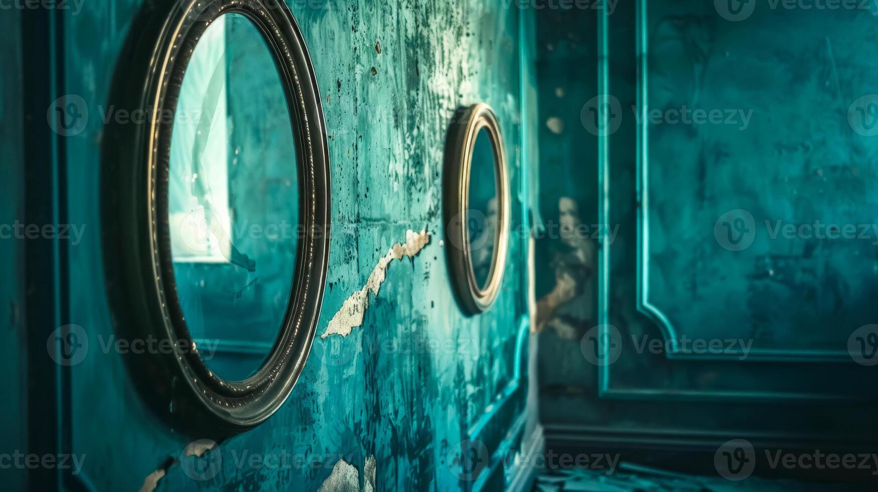 ai généré ancien ovale miroirs sur une affligé turquoise mur photo