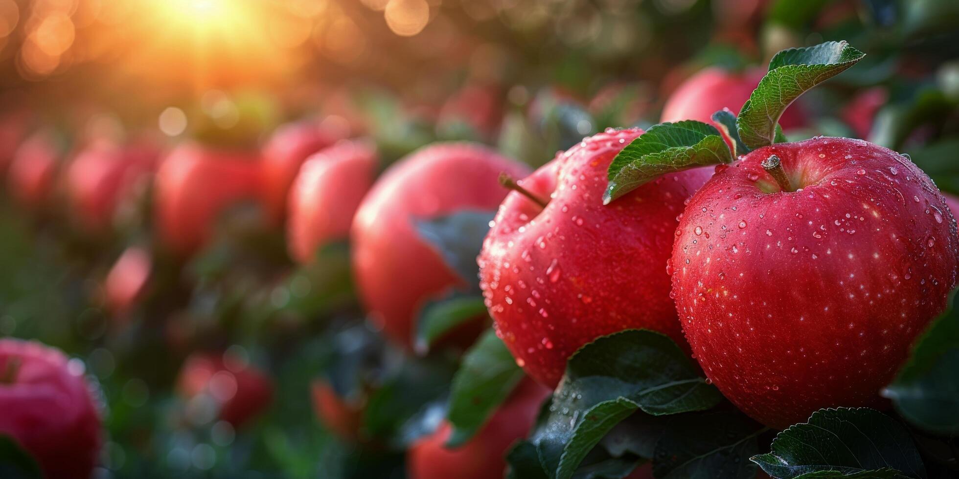 ai généré Trois pommes pendaison de arbre dans pluie photo