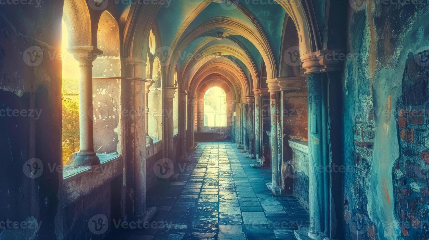 ai généré enchanté médiéval cloître dans le coucher du soleil lumière photo