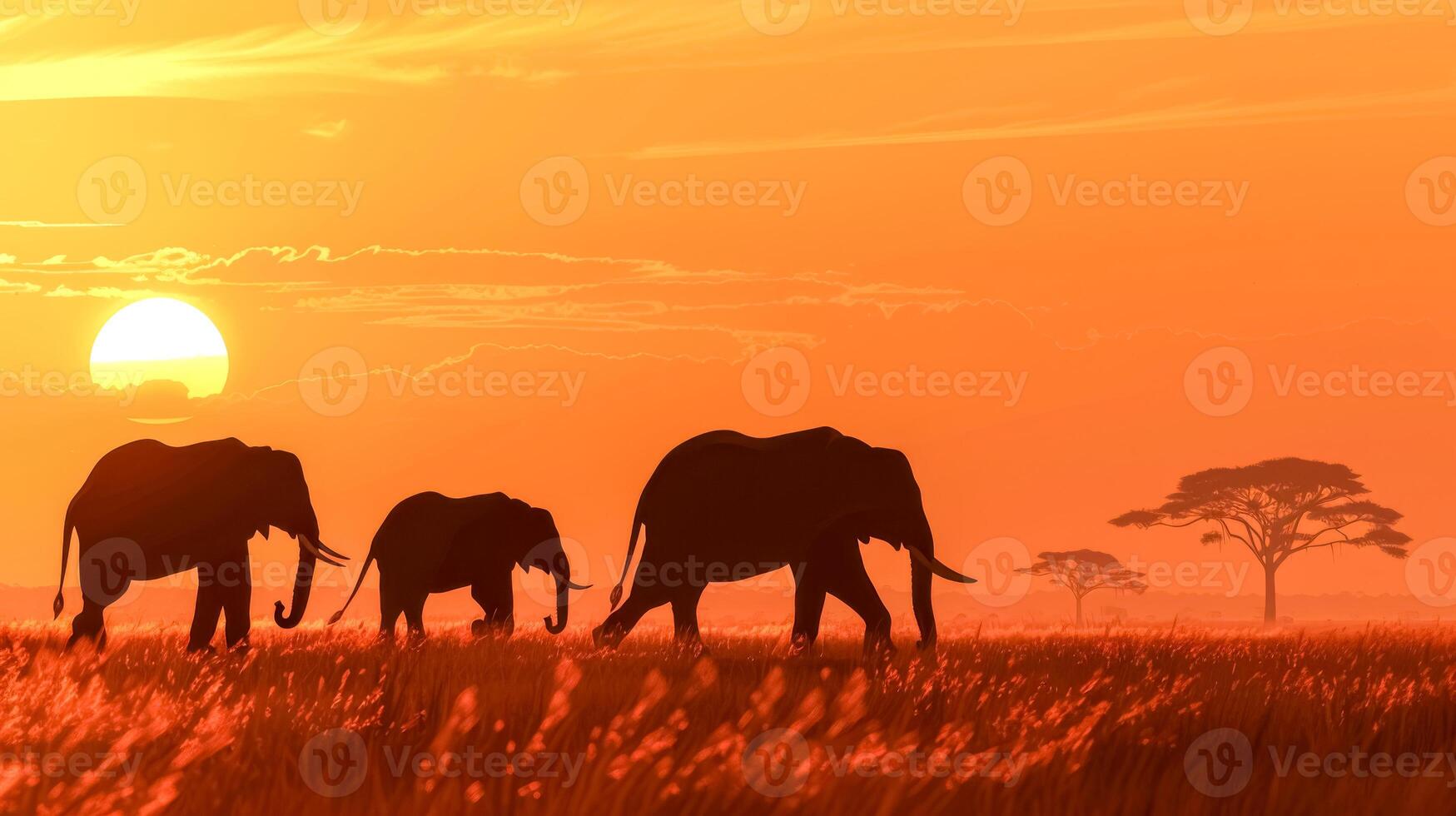 ai généré africain éléphants à le coucher du soleil dans le savane photo