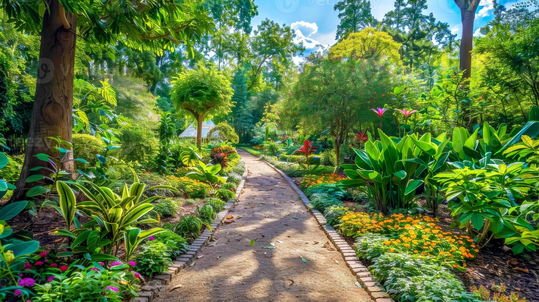 ai généré vibrant jardin sentier dans plein Floraison photo