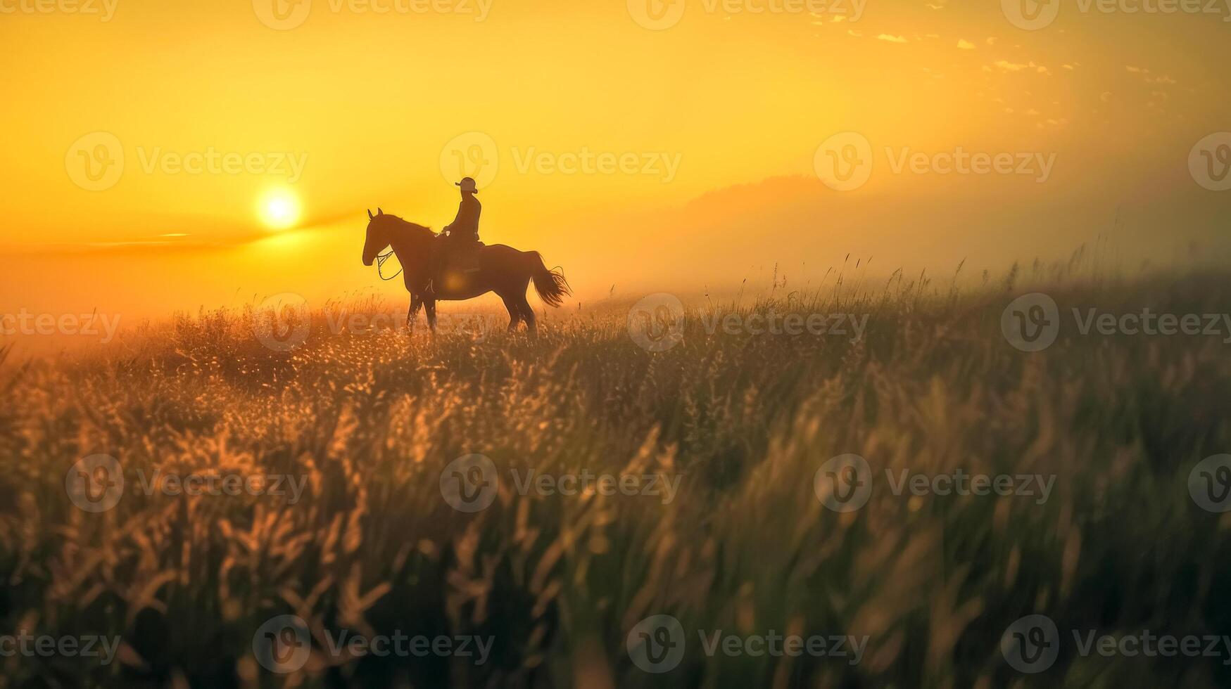 ai généré silhouette de une cheval cavalier à lever du soleil photo