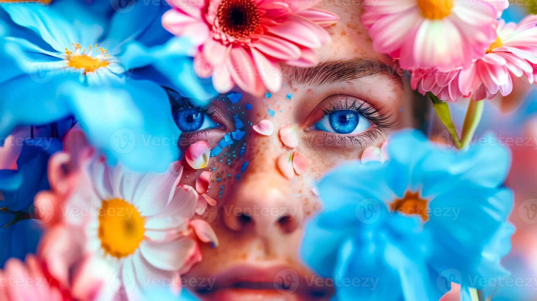 ai généré fermer de une femme avec frappant bleu yeux parmi vif fleurs photo