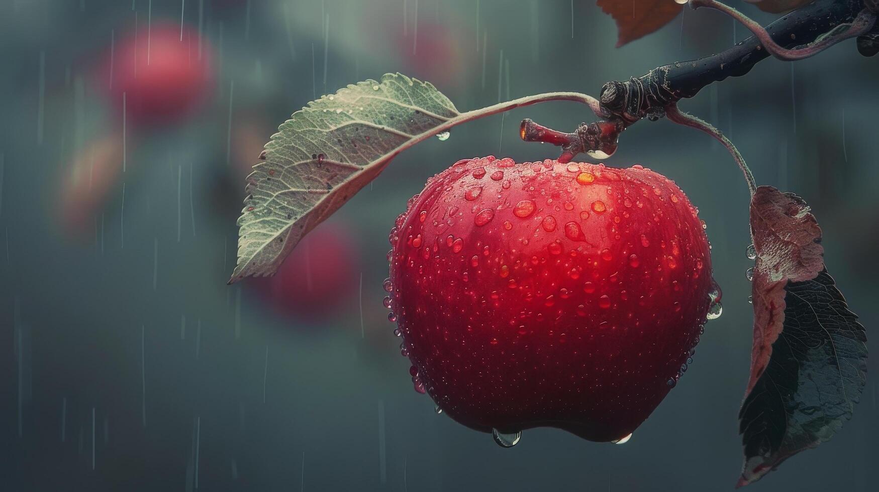 ai généré proche en haut de une rouge Pomme sur une arbre photo