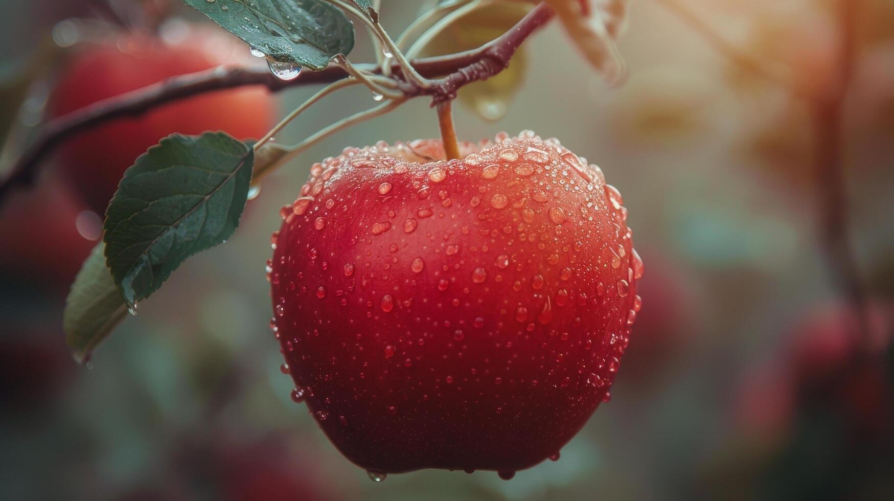 ai généré proche en haut de une rouge Pomme sur une arbre photo